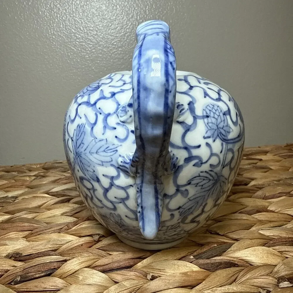 Vintage Chinese Blue White Porcelain Teapot Fish Motif Dragon Handle No Lid